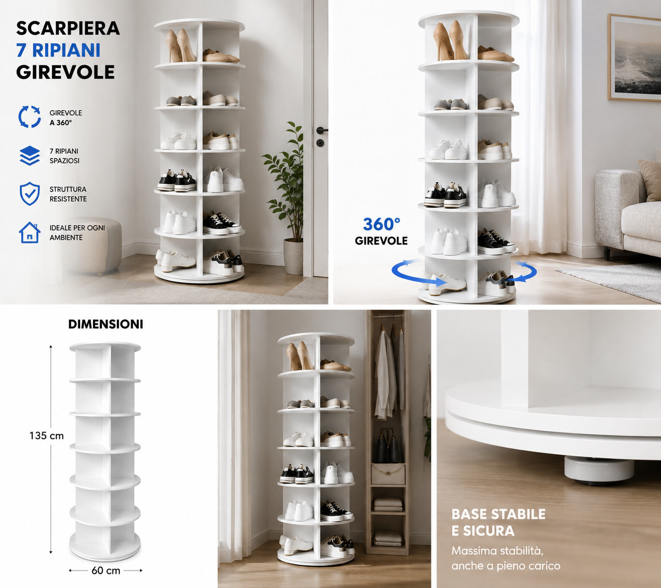 Scarpiera Rotante 7 Ripiani 360° Mobile Porta Scarpe Salvaspazio Bianco, Design Moderno