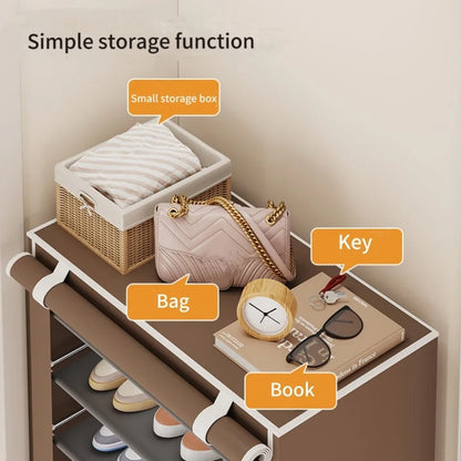 Space-saving shoe rack with 9 shelves: in fabric &amp; aluminum structure
 - Up to 27 pairs of shoes