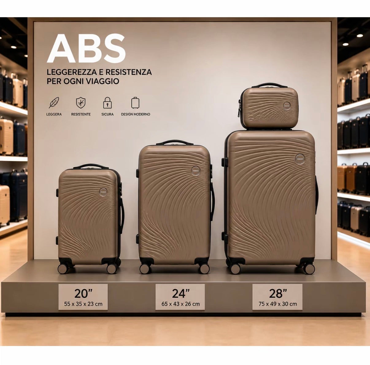 Set Completo Valigie Viaggio 4 Pezzi ABS Rigido con Beauty Case e Trolley Cabina