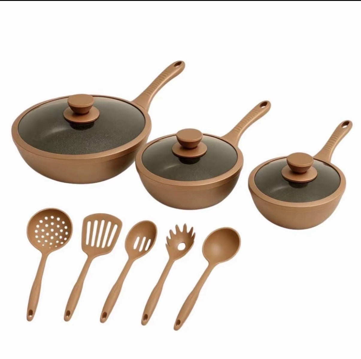 Tris di Padelle con coperchi in vetro rame 20 24 28 cm