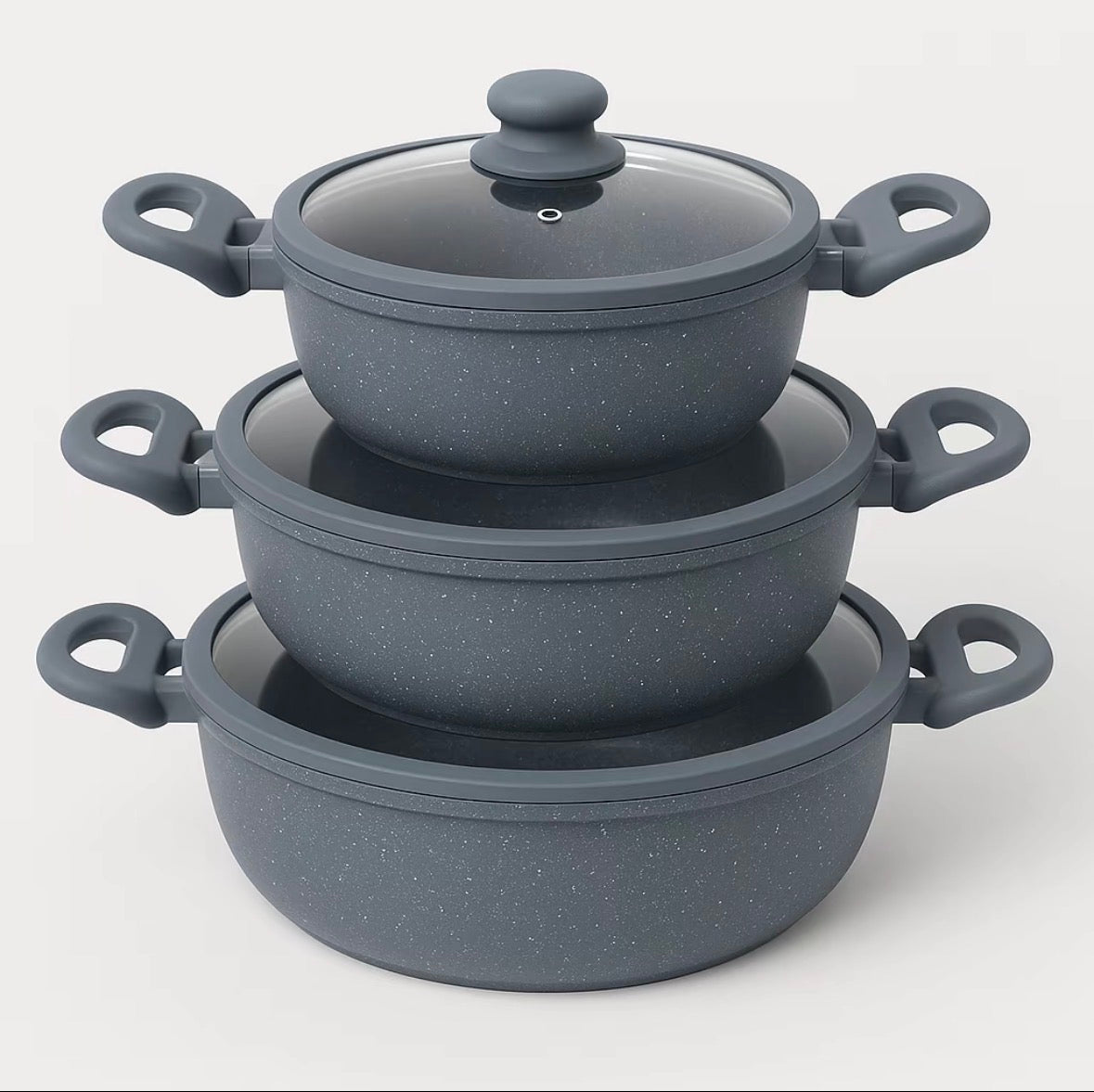 Tris Tegami Bavaria 20-24-28 cm in Pietra Lavica
Nero con Coperchi in Vetro Antiaderenti per Cucina
Sana e Induzione