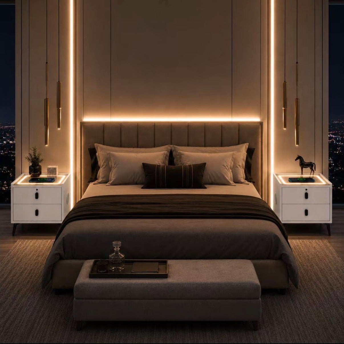 Comodino Smart LED con Ricarica Wireless, Bluetooth, USB e 2 Cassetti – Moderno per Camera da Letto