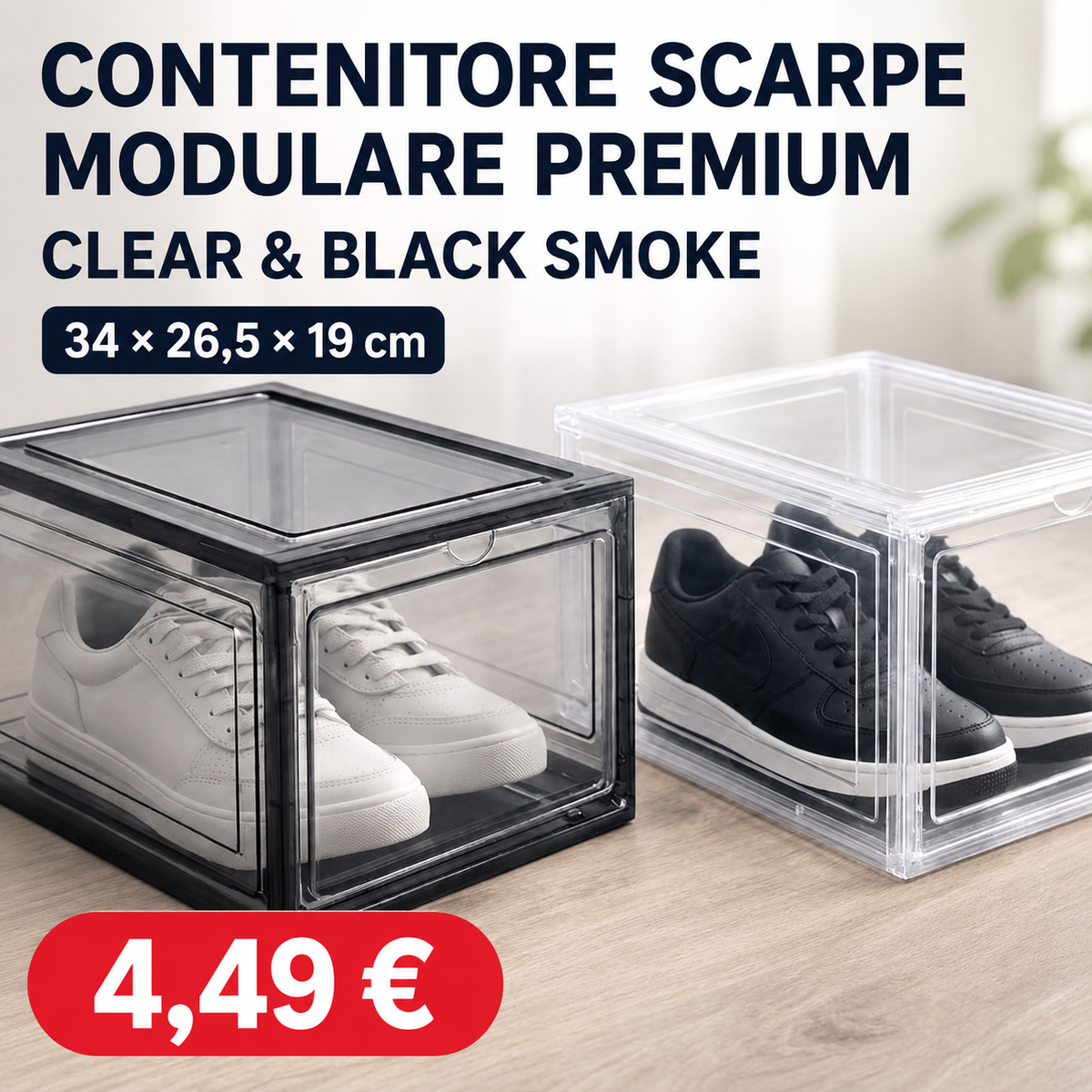 Contenitore Scarpe Modulare Premium - Box Salvaspazio in Polimero Rigido Clear e Black Smoke 34x26.5x19 cm