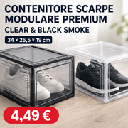 Contenitore Scarpe Modulare Premium - Box Salvaspazio in Polimero Rigido Clear e Black Smoke 34x26.5x19 cm