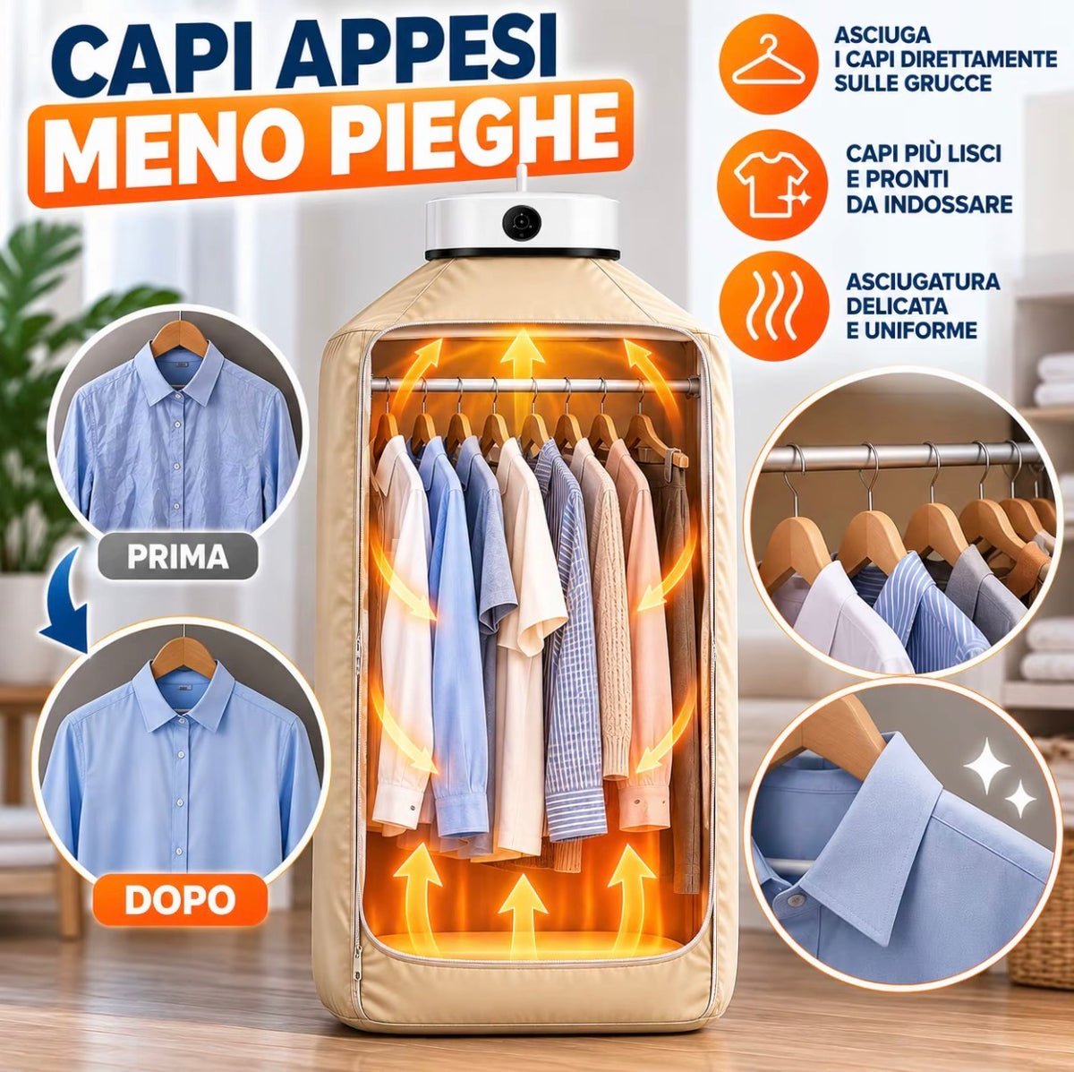 Asciugatrice Portatile per Vestiti, Asciugabiancheria Elettrica Compatta ad Aria Calda, Armadio Asciugatore per Capi Appesi, Asciugatura Rapida, Pieghevole e Salvaspazio per Casa, Viaggio e Camper