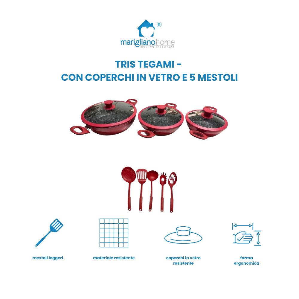 Tris Tegami Con Coperchi In Vetro e 5 Mestoli