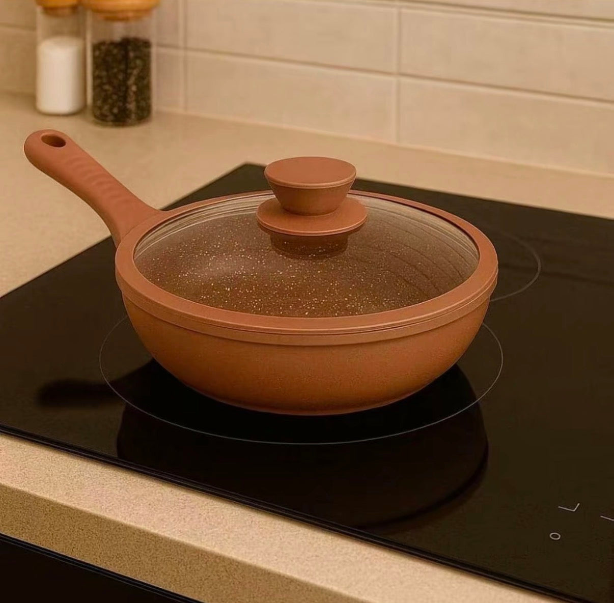 Tris di Padelle con coperchi in vetro rame 20 24 28 cm