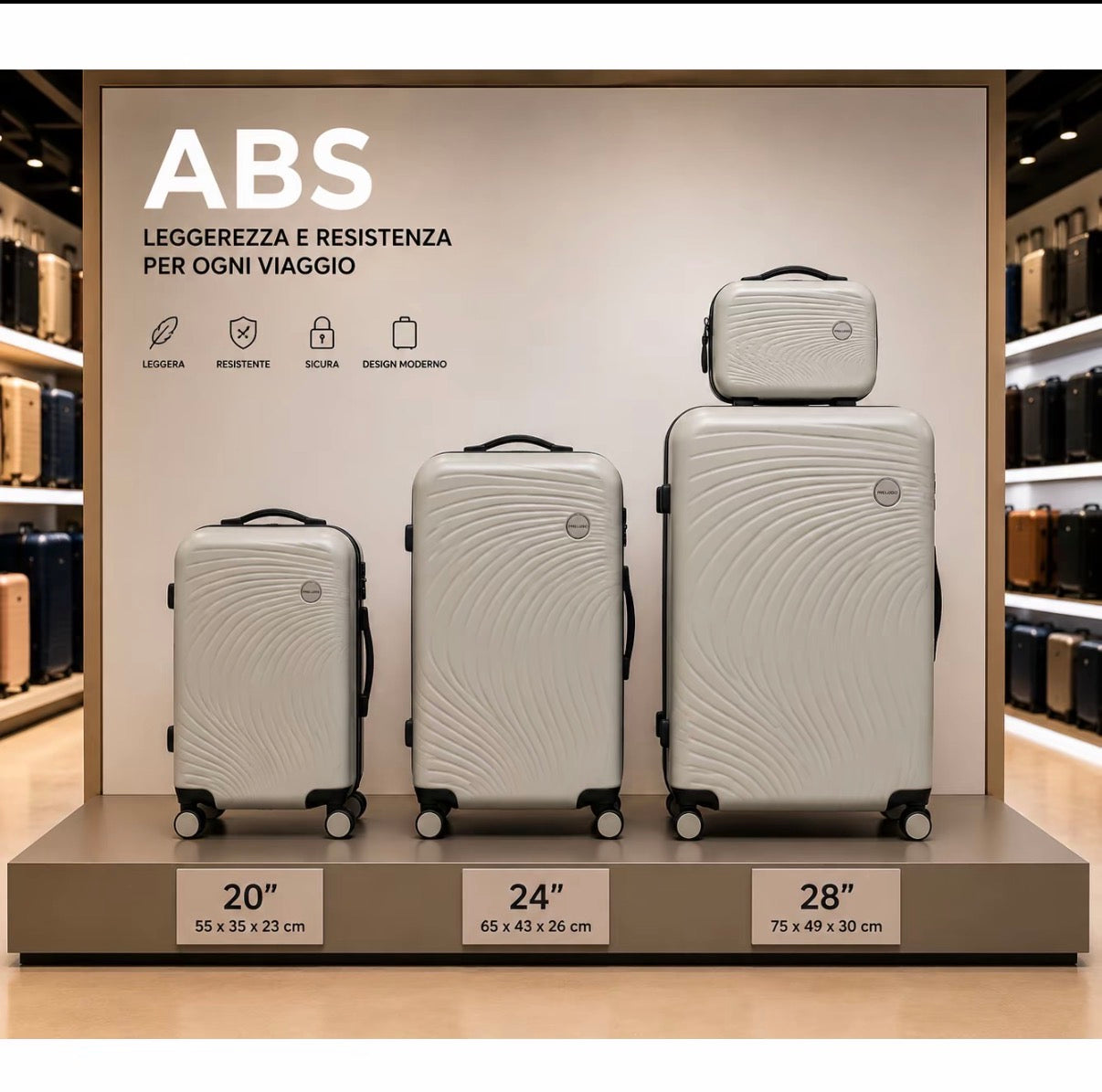 Set Completo Valigie Viaggio 4 Pezzi ABS Rigido con Beauty Case e Trolley Cabina
