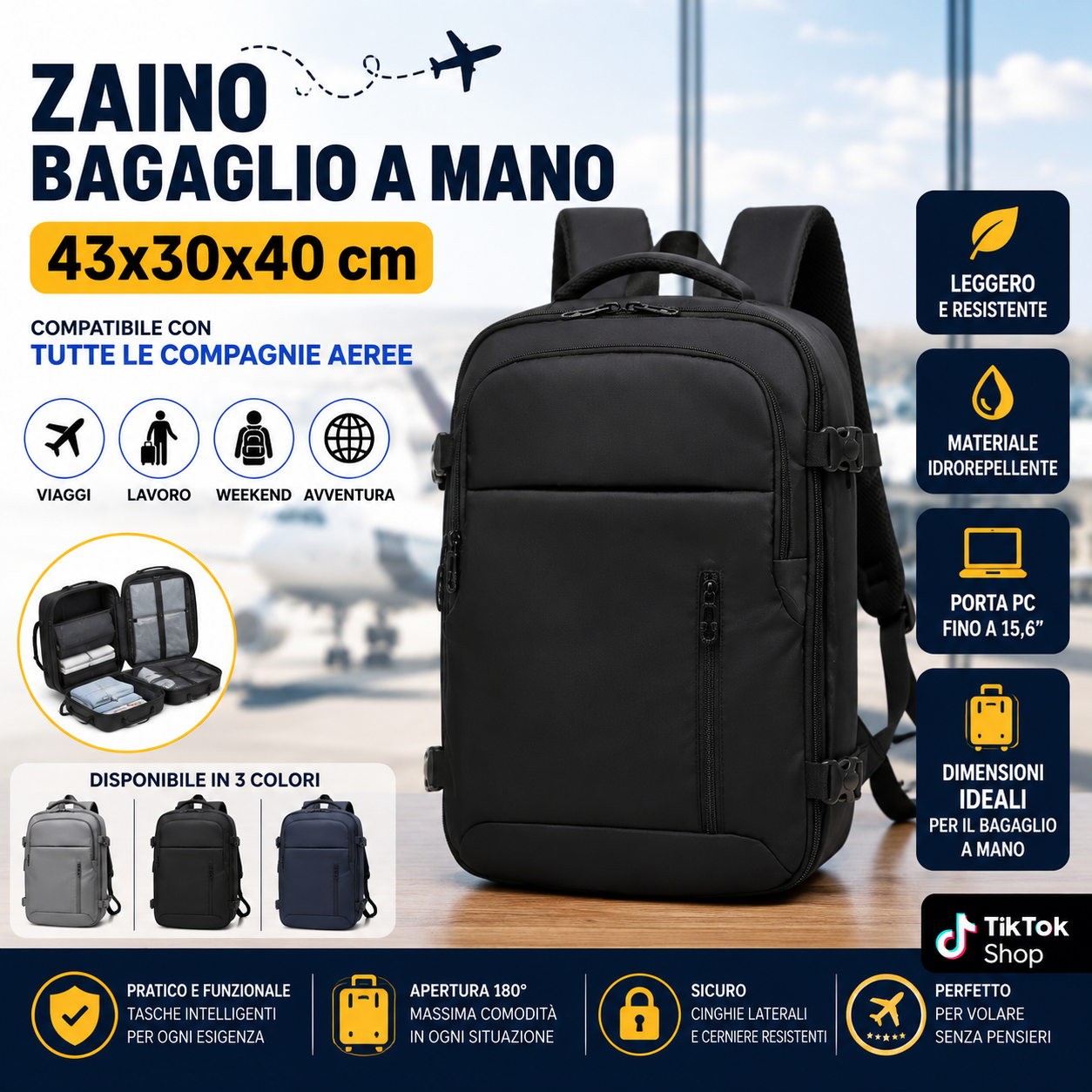 Zaino da Viaggio Compatto 43x30x40 cm con 3 Scomparti Vano Porta Scarpe Tasca Borraccia