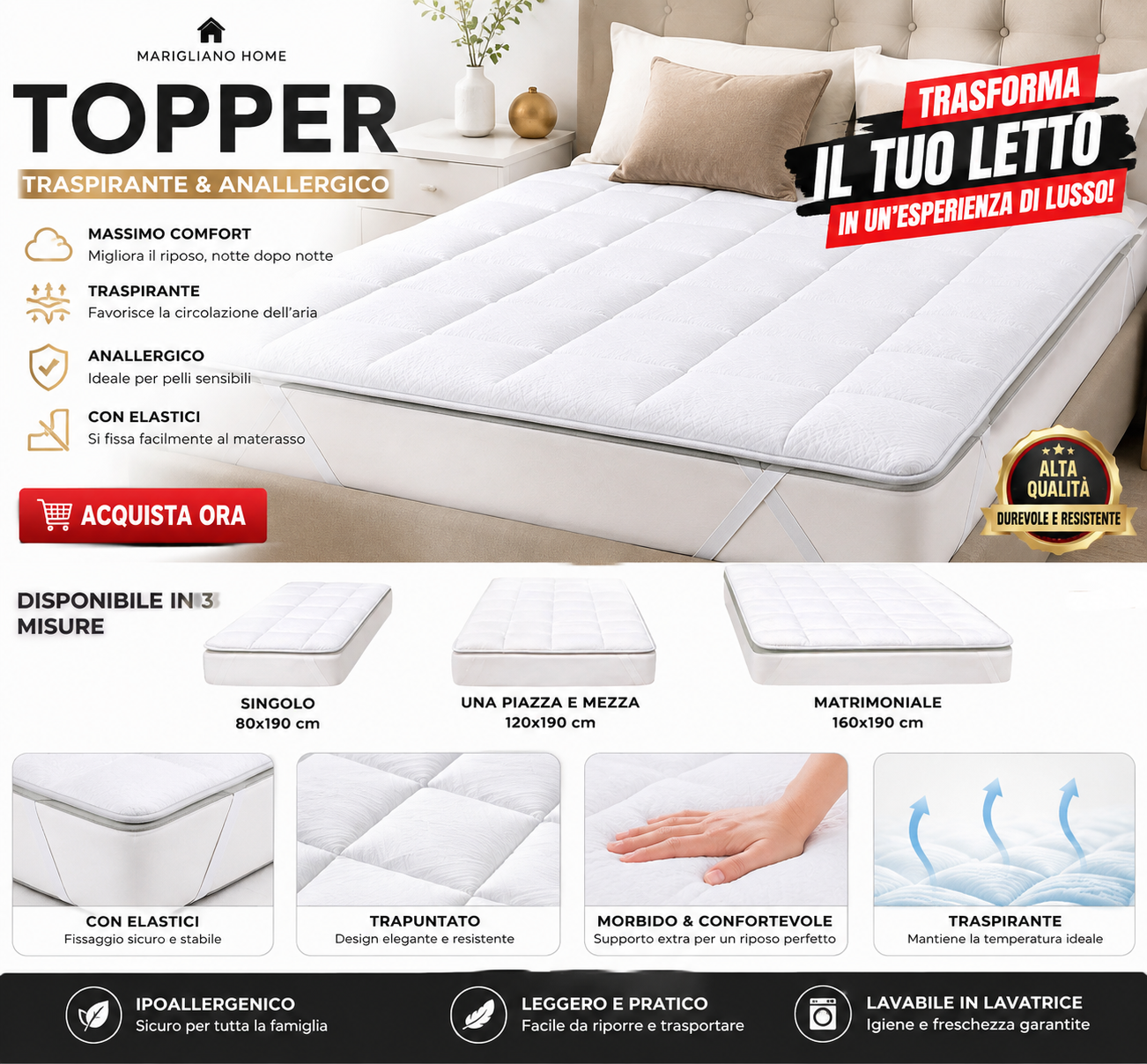 Topper Singolo /Una Piazza E Mezza /Matrimoniale Traspirante Trapuntato Anallergico con Elastici