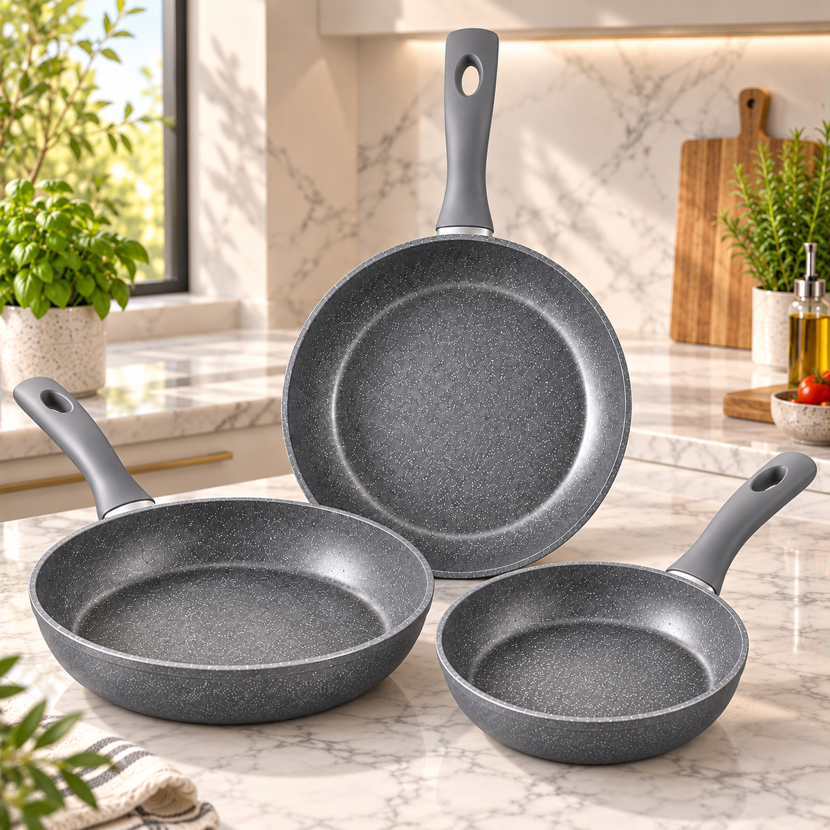 Set 3 Padelle Antiaderenti 20/24/28 cm in Alluminio Forgiato – Effetto Pietra, Manici Soft Touch, Adatte all’Induzione – Nero o Grigio