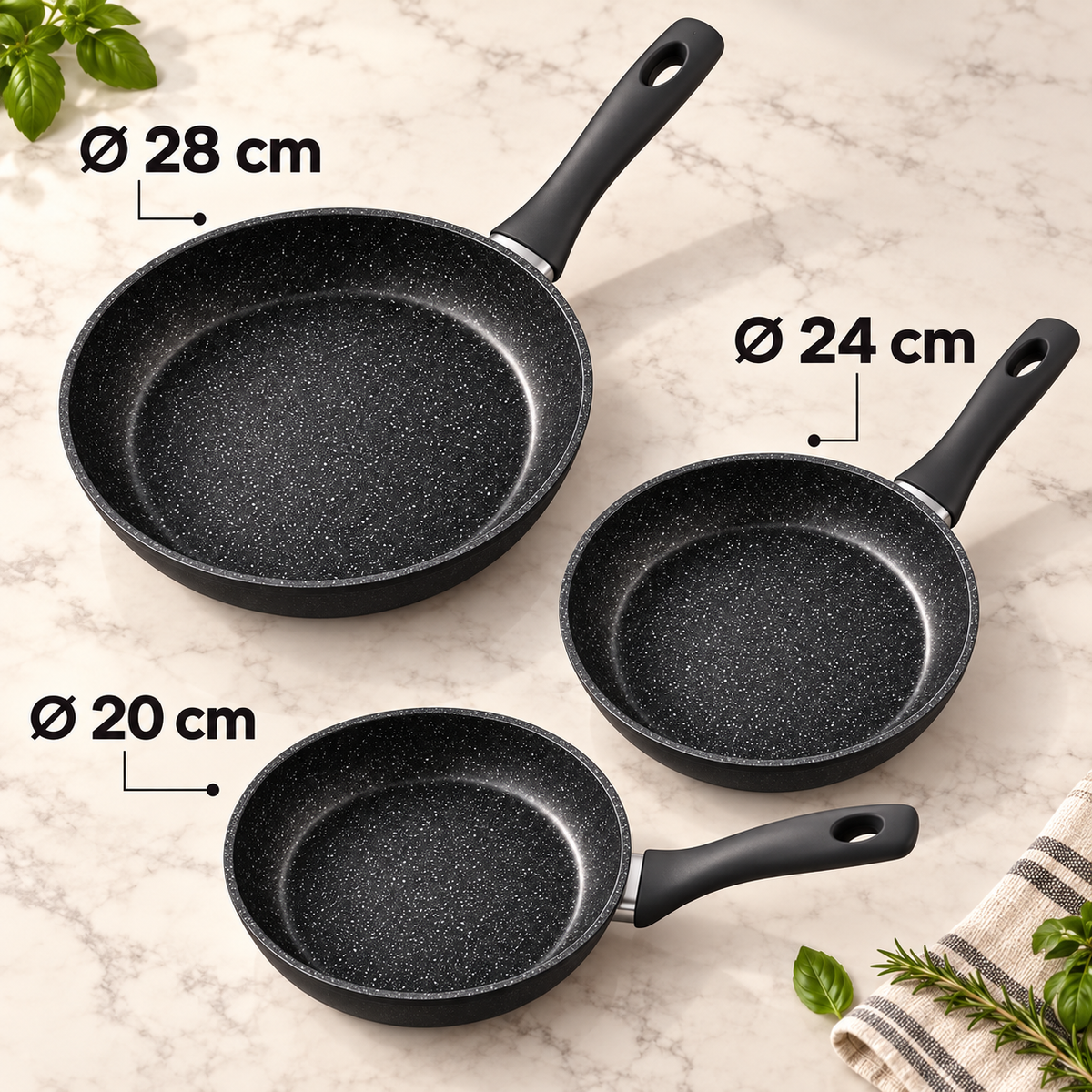 Set 3 Padelle Antiaderenti 20/24/28 cm in Alluminio Forgiato – Effetto Pietra, Manici Soft Touch, Adatte all’Induzione – Nero o Grigio