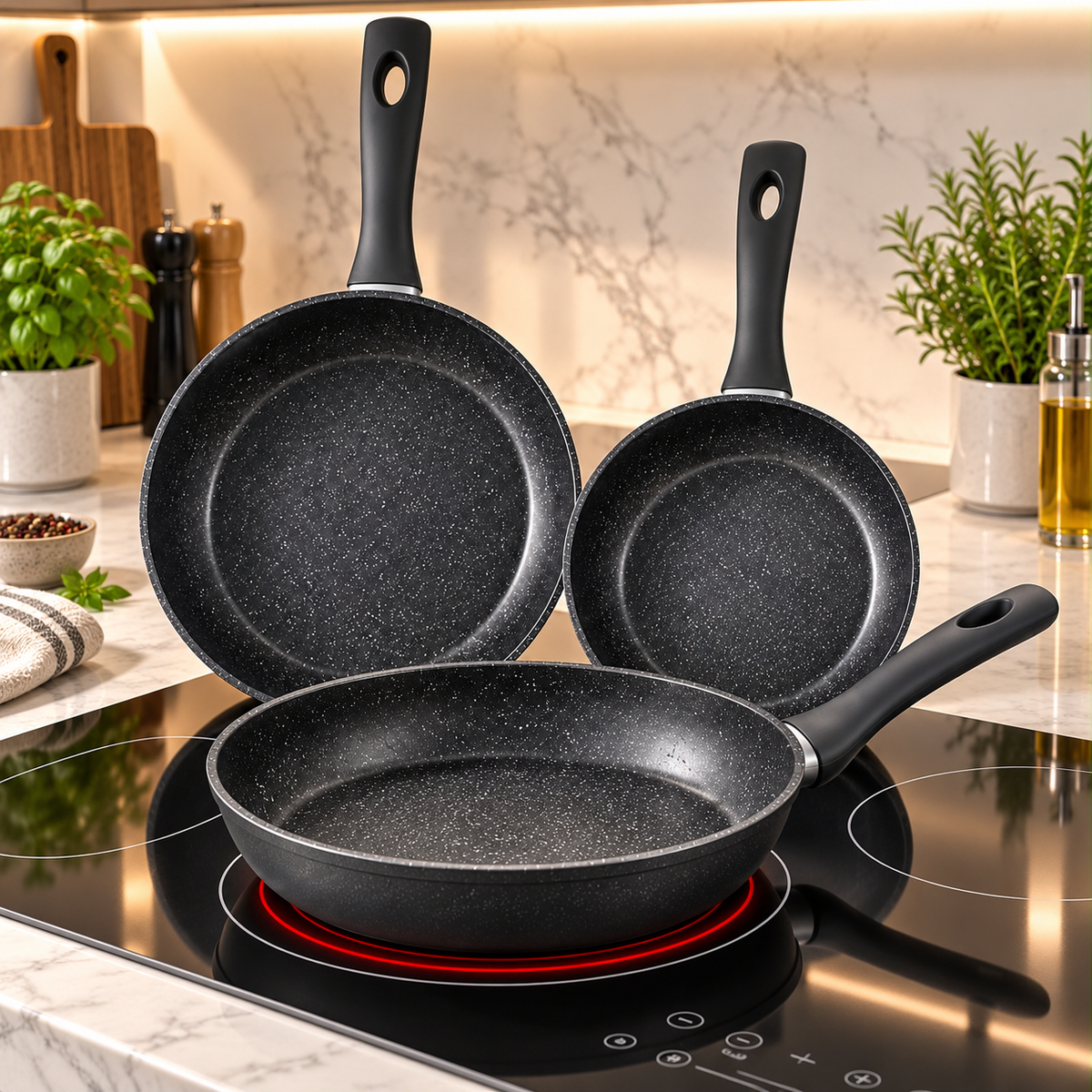 Set 3 Padelle Antiaderenti 20/24/28 cm in Alluminio Forgiato – Effetto Pietra, Manici Soft Touch, Adatte all’Induzione – Nero o Grigio