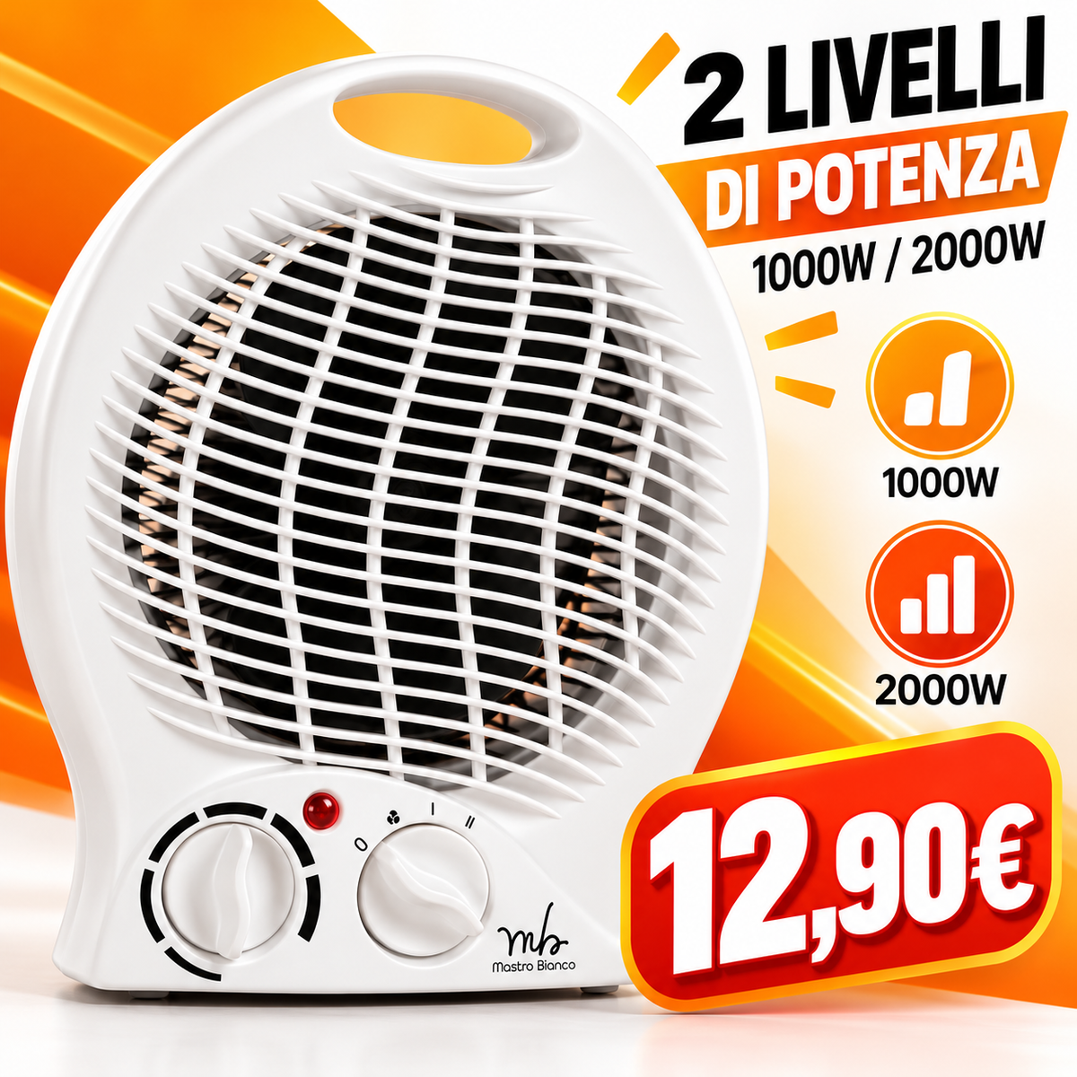 Termoventilatore elettrico Heatify 2000W, stufetta portatile con termostato regolabile e 2 livelli di potenza