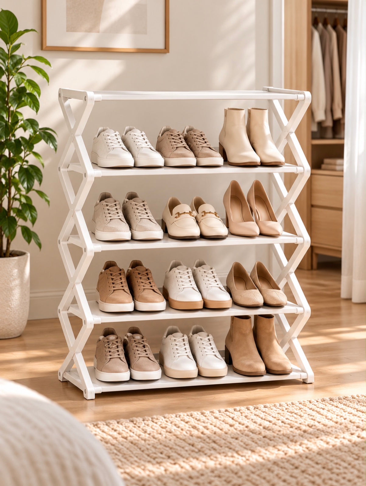 Scarpiera Pieghevole Salvaspazio a Ripiani – Organizer Scarpe per Ingresso e Camera – Nero, Grigio e Bianco