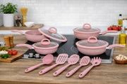 BAVARIA SET PADELLE 13PZ ROSA 20/24/28/32CM CON COPERCHI IN VETRO E MESTOLI