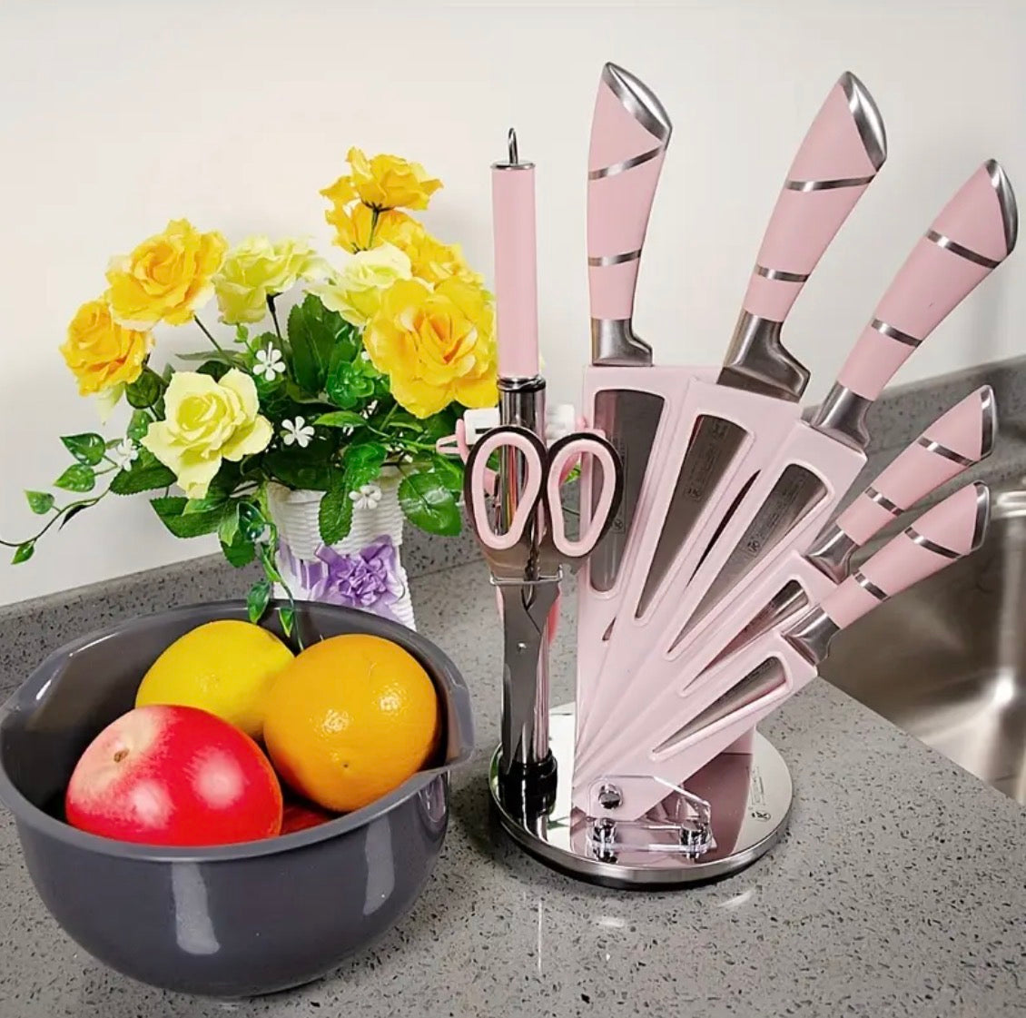 8 Pezzi Set di Coltelli da Cucina con Manico in Marmo, Bianco/Rosa con Porta Coltelli in Acrilico, Acciaio Inossidabile ad Alto Tenore Carbonio Antiaderente per Tagliare e Tritare Carne, Regalo Ideale per Donne