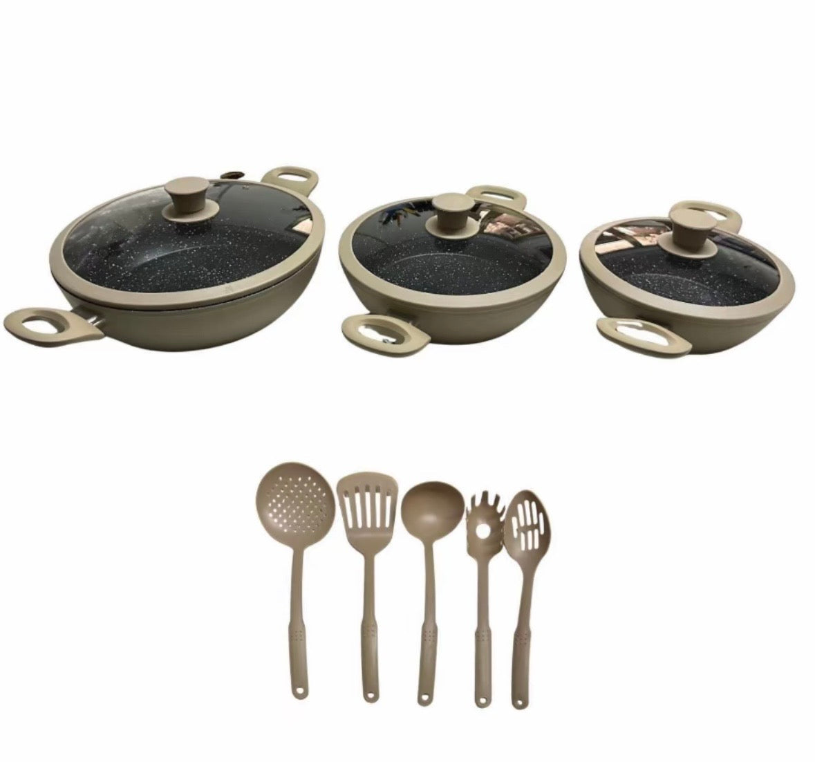 Tris Tegami Con Coperchi In Vetro e 5 Mestoli