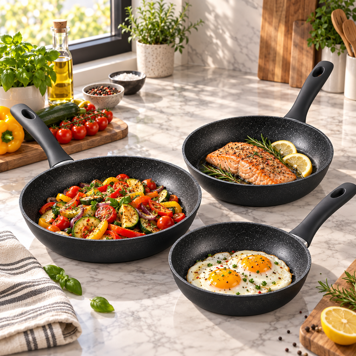 Set 3 Padelle Antiaderenti 20/24/28 cm in Alluminio Forgiato – Effetto Pietra, Manici Soft Touch, Adatte all’Induzione – Nero o Grigio