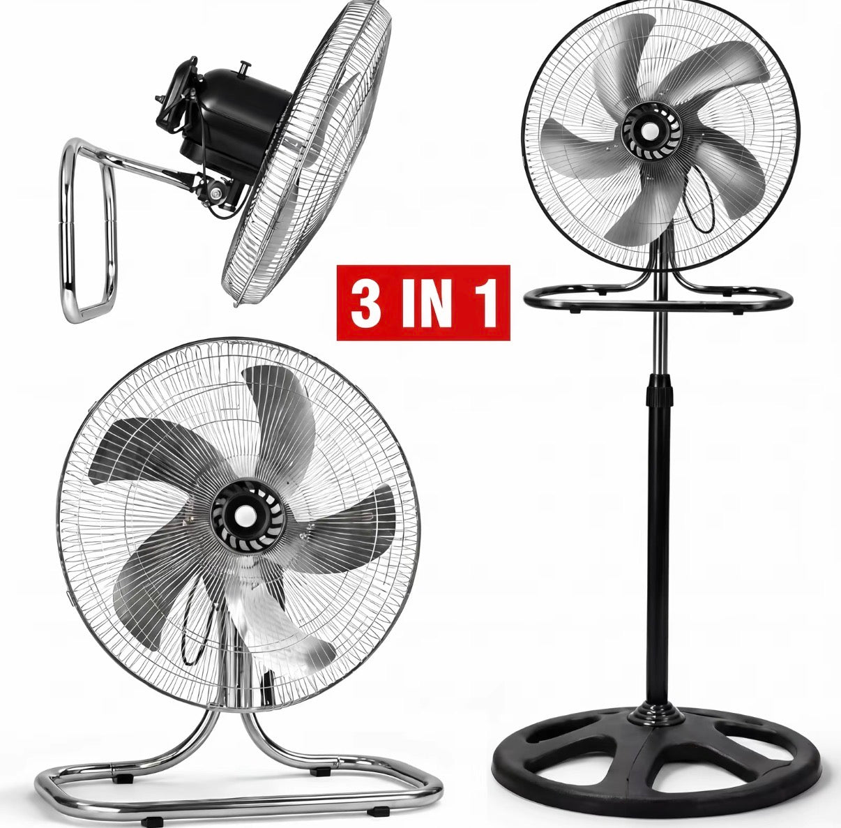 Ventilatore 3 in 1 A Piantana Parete e Tavolo con Pale in Acciaio Utilizzabile a Piantana Indipendente Muro e Parete Tavolo da Appoggio Flusso d'Aria Potente 3 Velocità Selezionabili Silenzioso