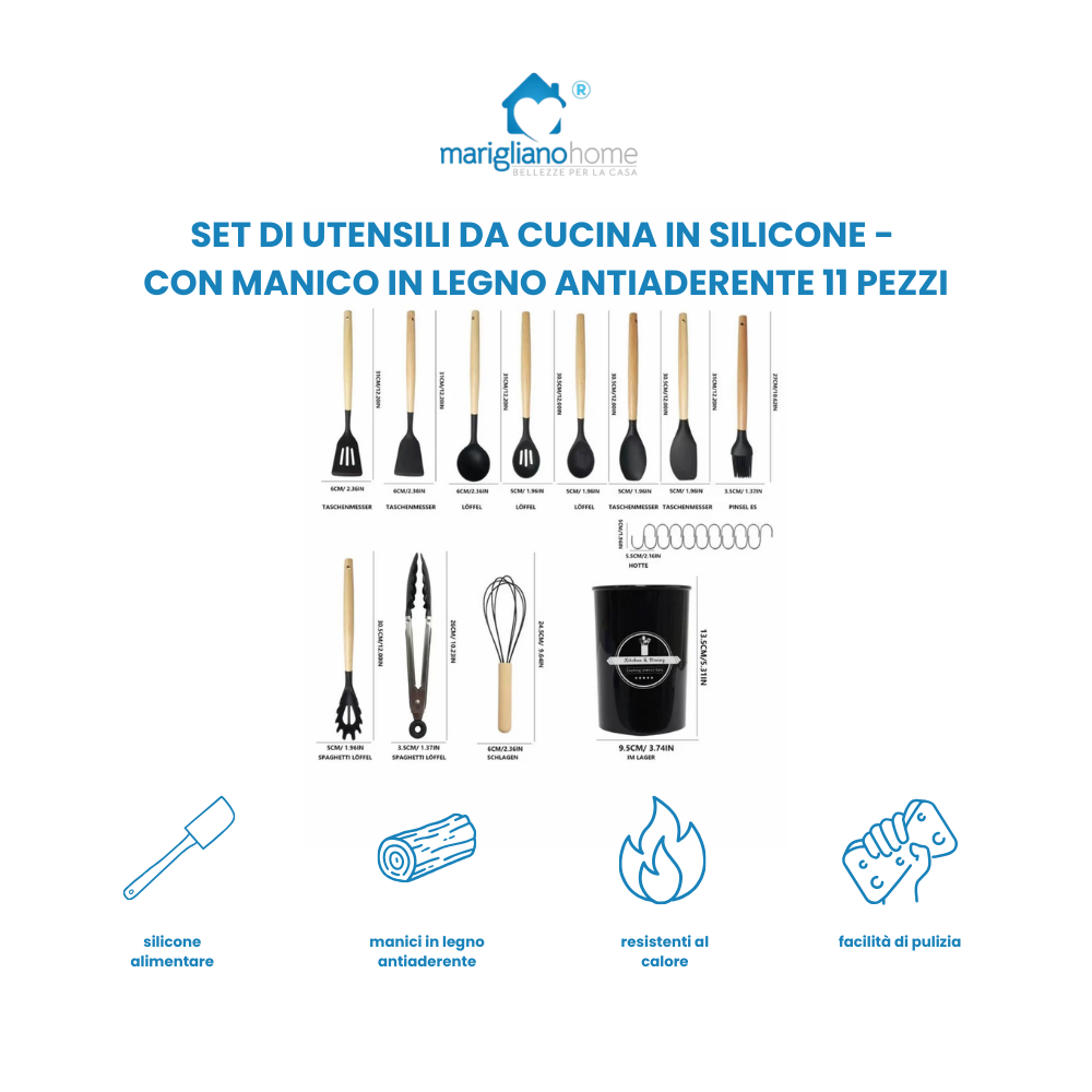 Set di utensili da cucina in silicone, utensili da cucina con manico in legno antiaderente, set di mestoli resistenti al calore, 11 pezzi.