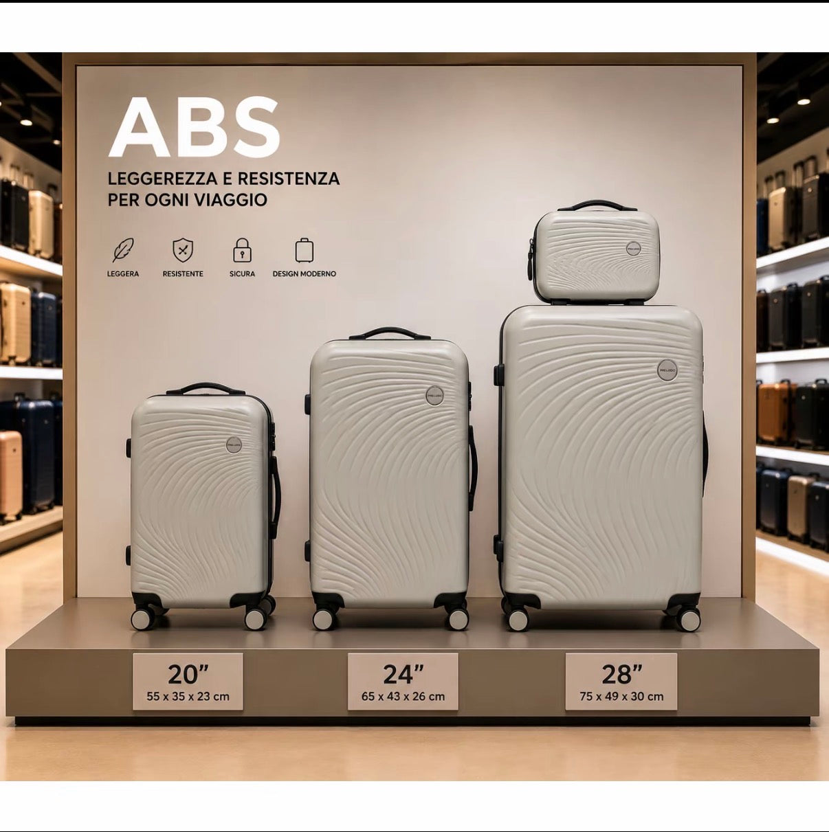 Set Completo Valigie Viaggio 4 Pezzi ABS Rigido con Beauty Case e Trolley Cabina