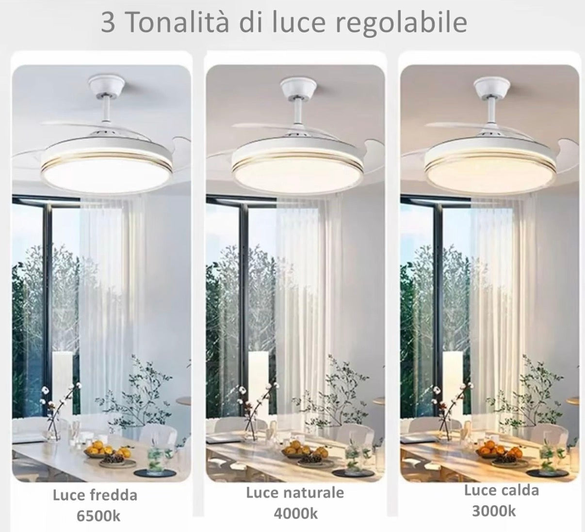 Ventilatore da Soffitto con Luce LED Dimmerabile e Telecomando – 48" a Pale Retrattili, Silenzioso, Plafoniera Moderna per Interni