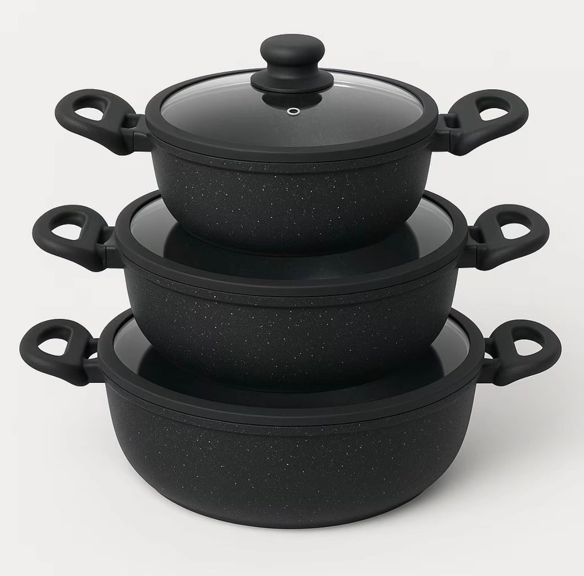 Tris Tegami Bavaria 20-24-28 cm in Pietra Lavica
Nero con Coperchi in Vetro Antiaderenti per Cucina
Sana e Induzione