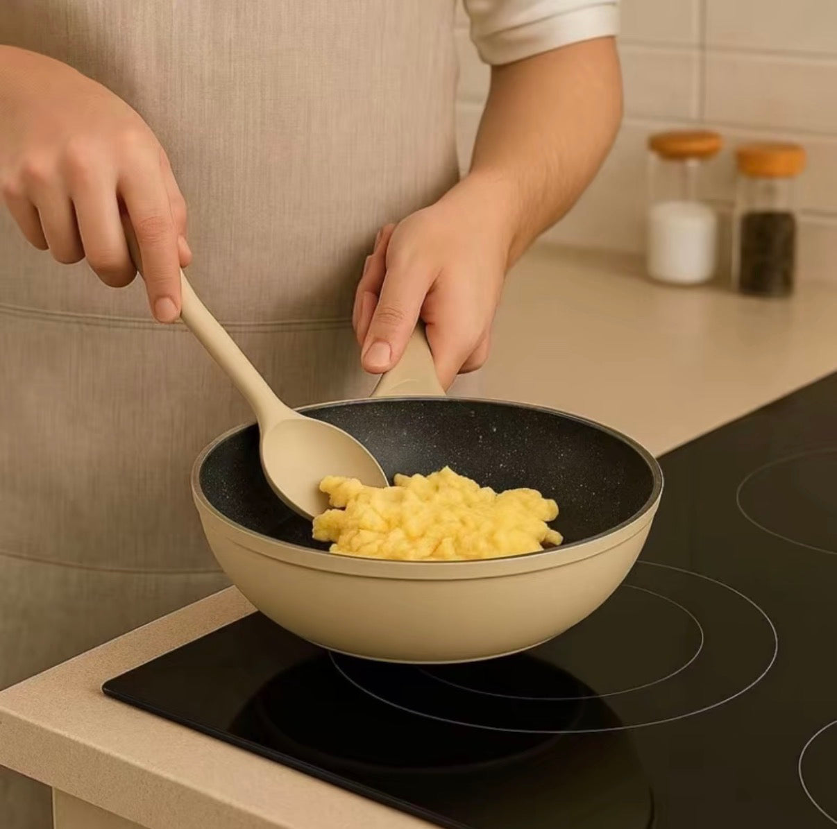 Tris di Padelle Con Coperchi in Vetro Beige (20) - (24) - (28) cm