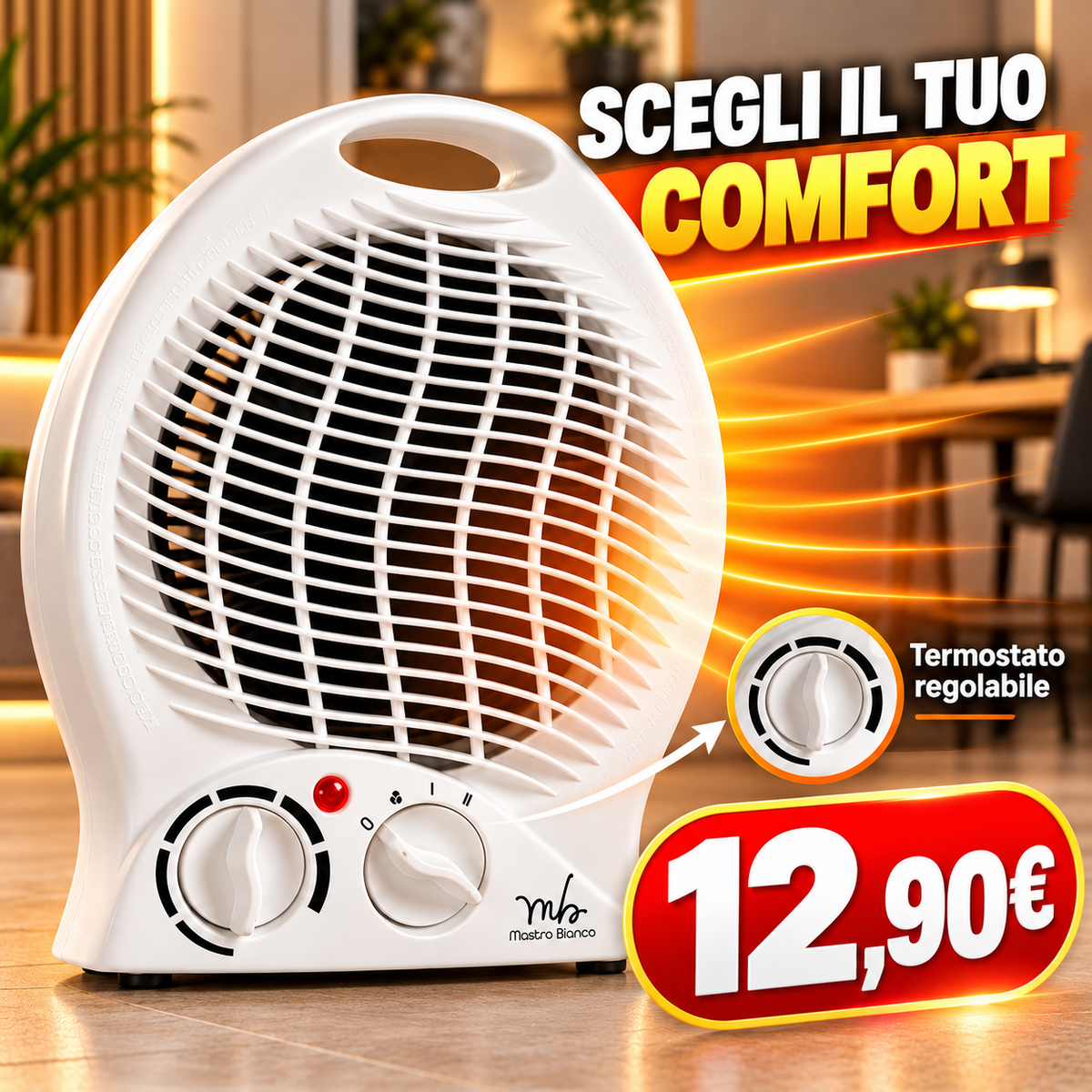 Termoventilatore elettrico Heatify 2000W, stufetta portatile con termostato regolabile e 2 livelli di potenza