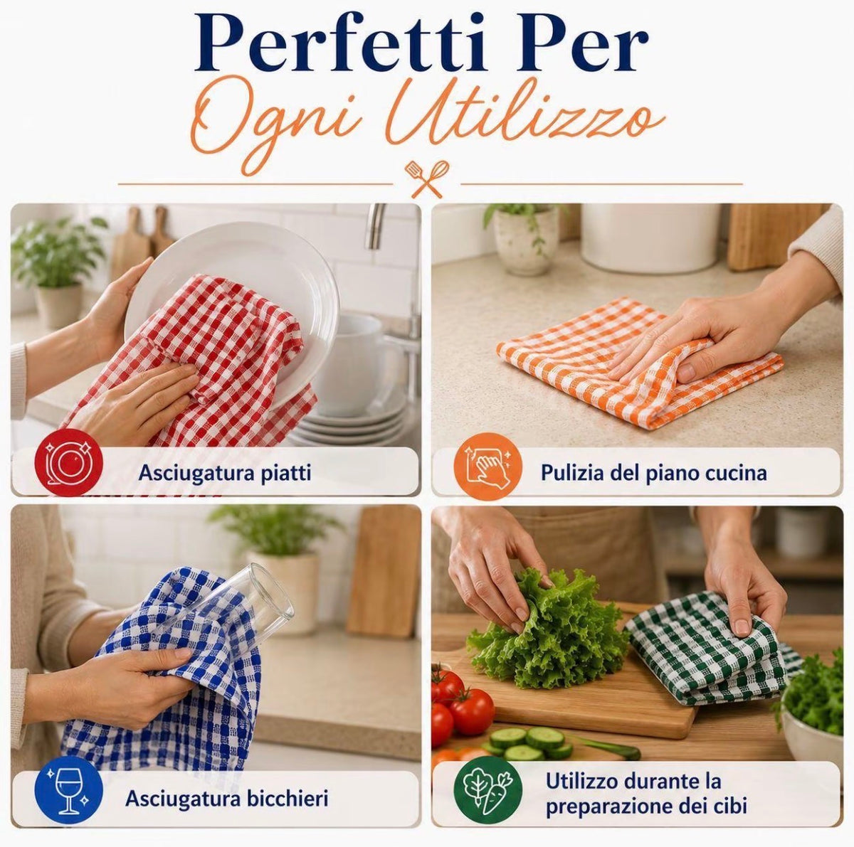 Set 6 Strofinacci da Cucina in Cotone Assorbenti Multicolore Resistenti Lavabili