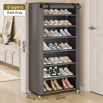 Space-saving shoe rack with 9 shelves: in fabric &amp; aluminum structure
 - Up to 27 pairs of shoes