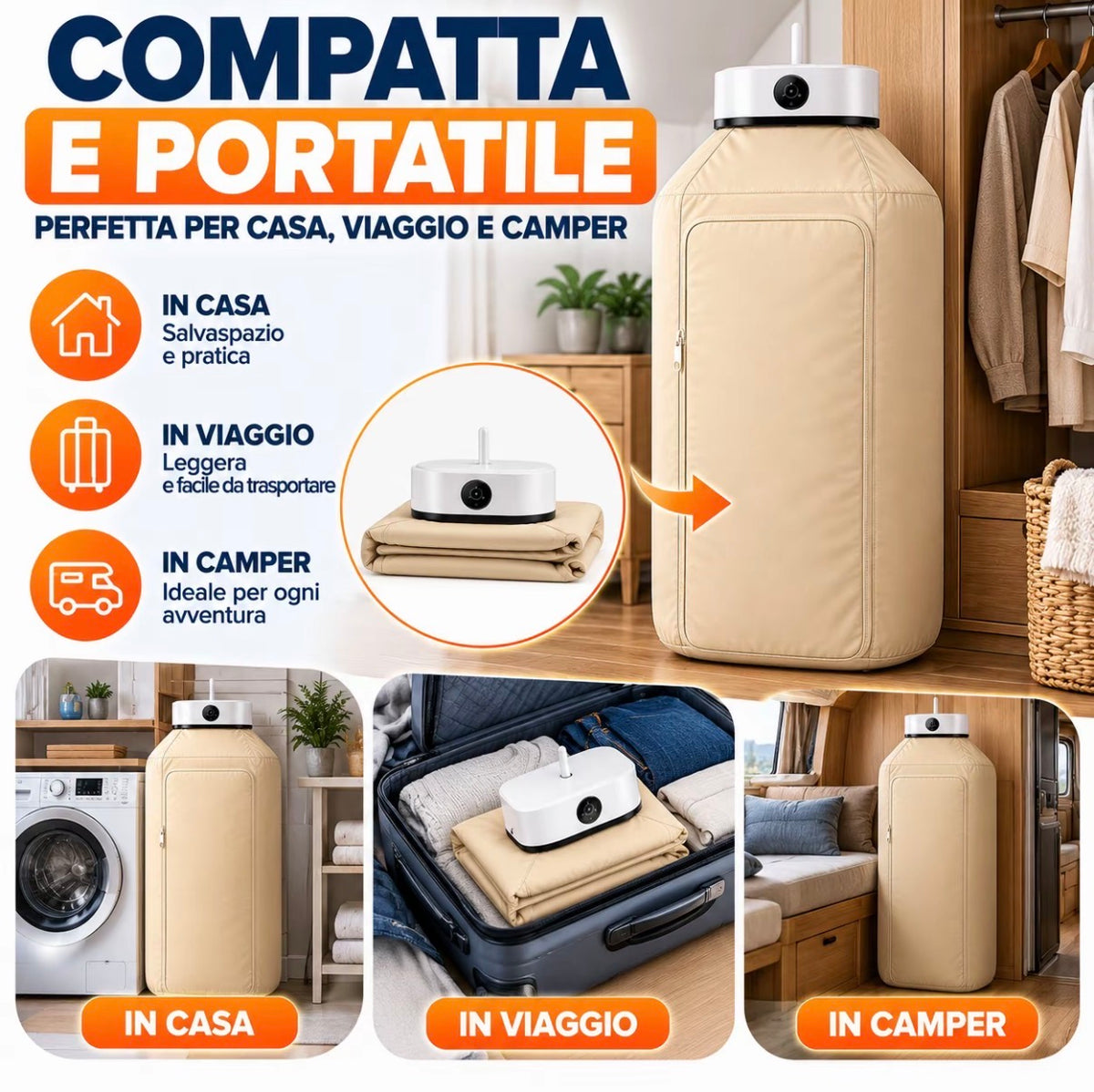 Asciugatrice Portatile per Vestiti, Asciugabiancheria Elettrica Compatta ad Aria Calda, Armadio Asciugatore per Capi Appesi, Asciugatura Rapida, Pieghevole e Salvaspazio per Casa, Viaggio e Camper