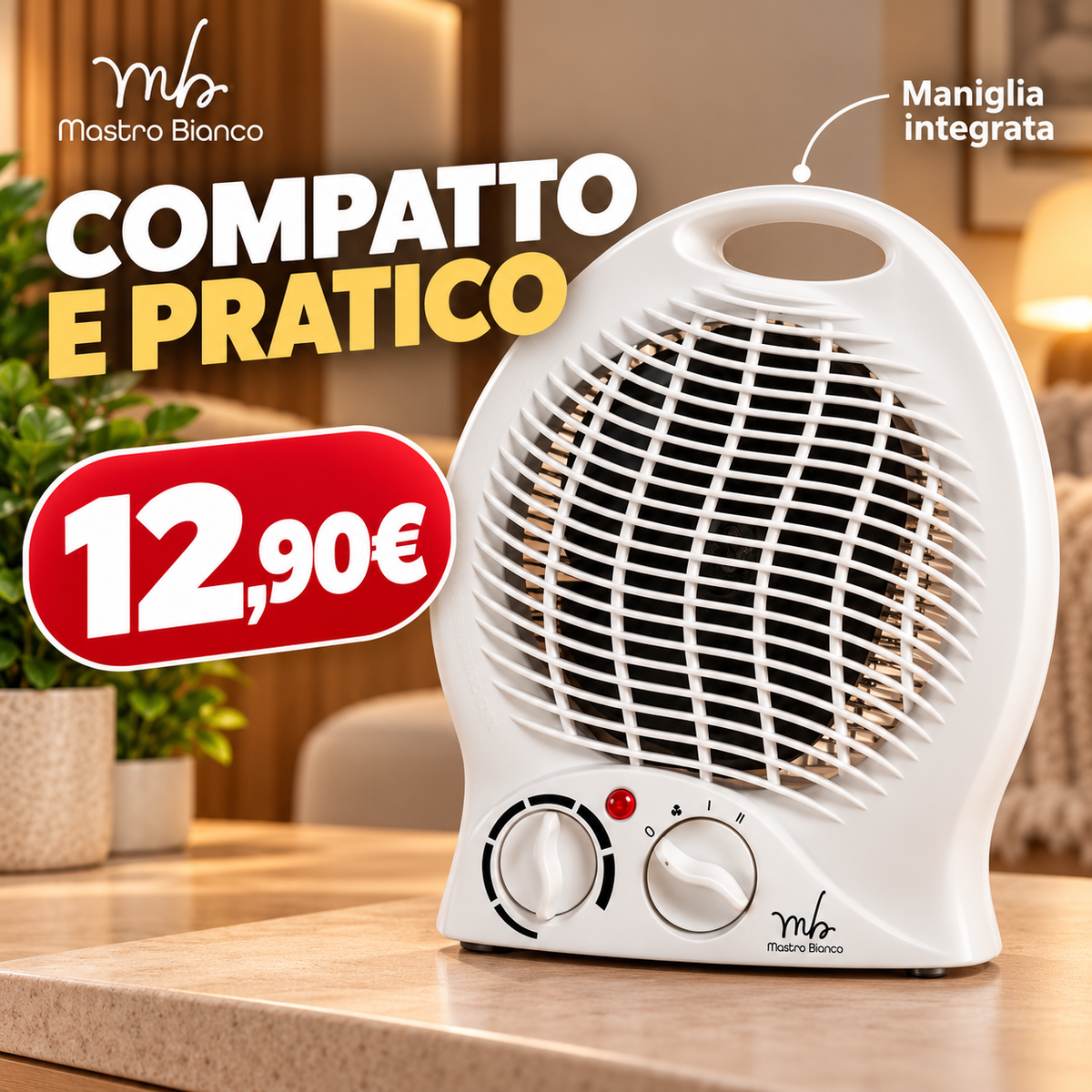 Termoventilatore elettrico Heatify 2000W, stufetta portatile con termostato regolabile e 2 livelli di potenza