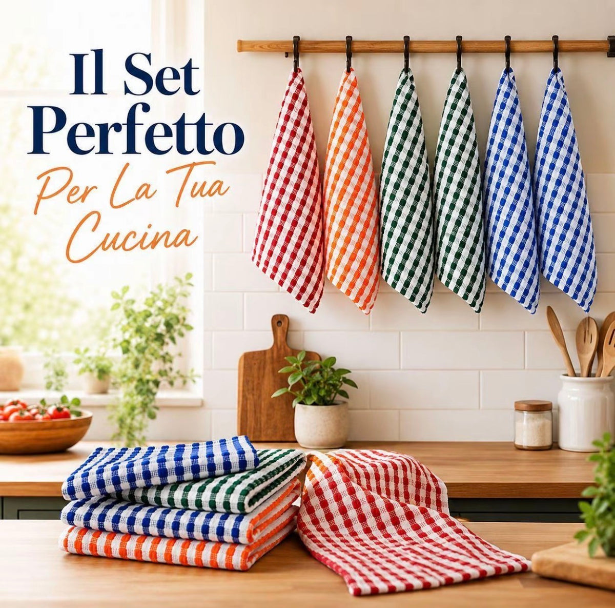 Set 6 Strofinacci da Cucina in Cotone Assorbenti Multicolore Resistenti Lavabili