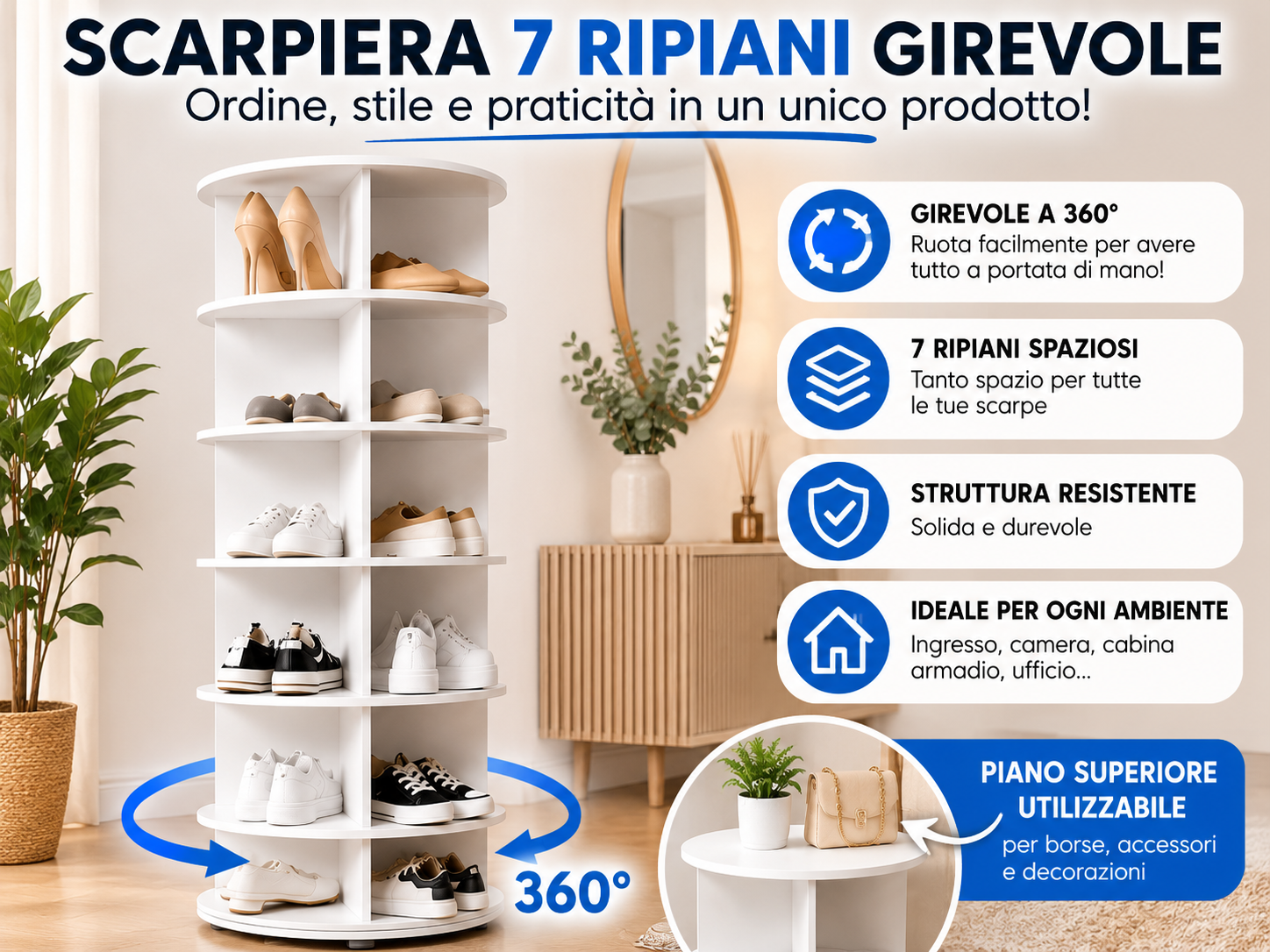 Scarpiera Rotante 7 Ripiani 360° Mobile Porta Scarpe Salvaspazio Bianco, Design Moderno