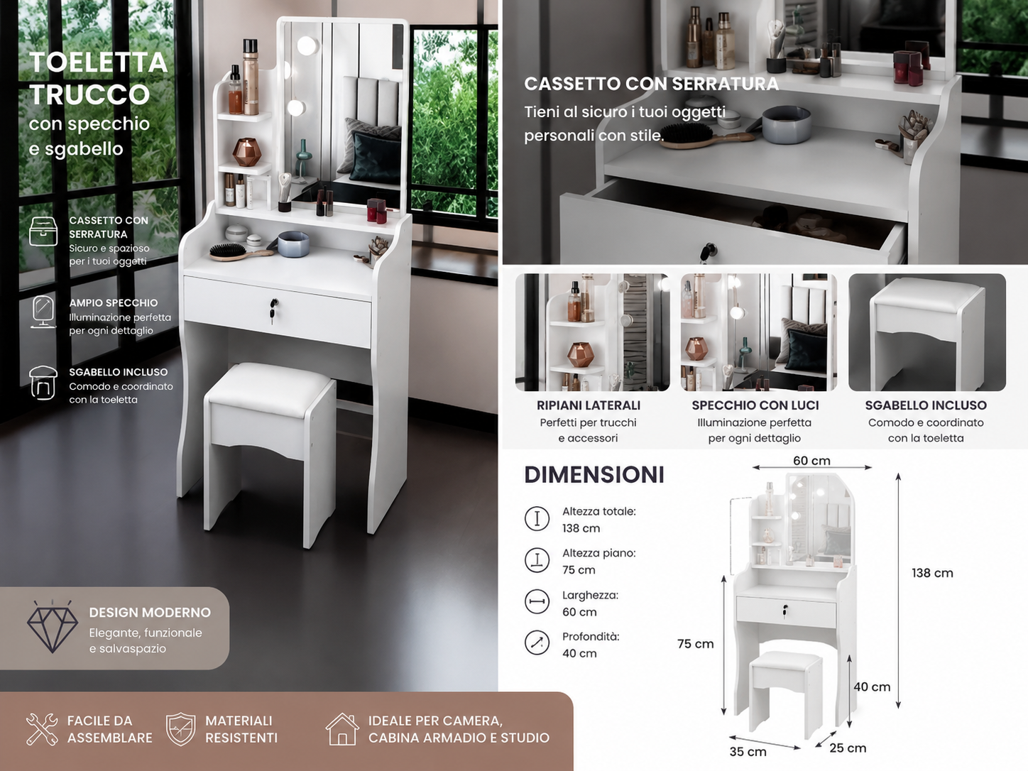 Toeletta Trucco con Specchio e Sgabello Dimensioni 120x50x30 cm  – 2 Modelli Disponibili