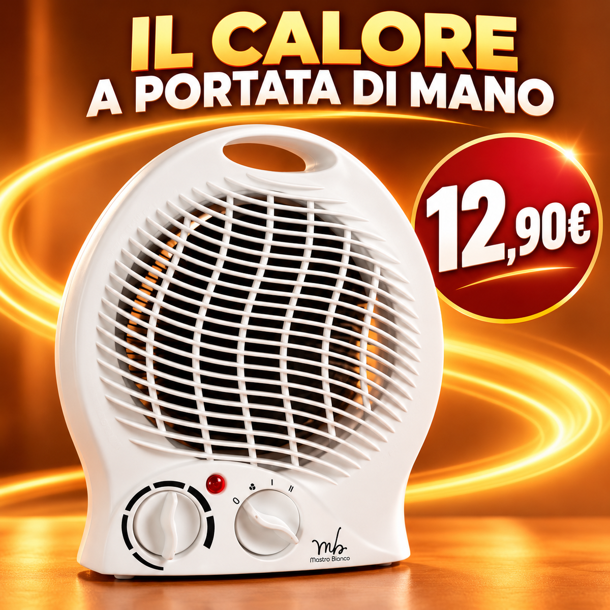 Termoventilatore elettrico Heatify 2000W, stufetta portatile con termostato regolabile e 2 livelli di potenza