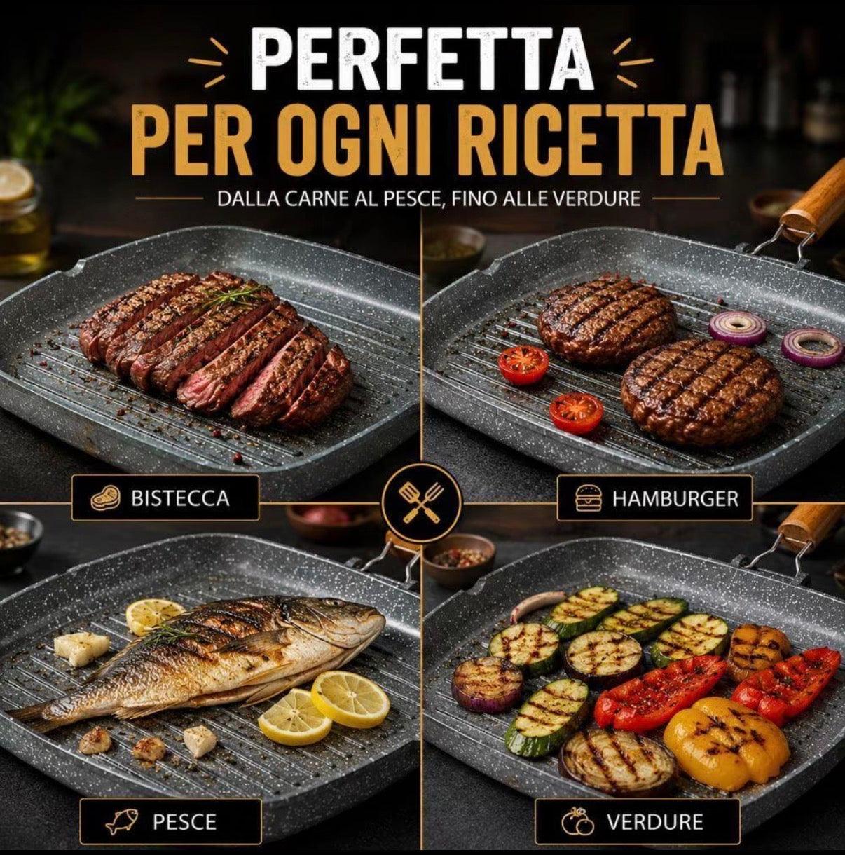 Bistecchiera Grill Effetto Barbecue Stone Antiaderente 28x28 cm con Manico in Legno
