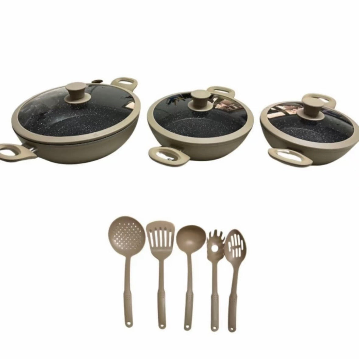 Tris Tegami Con Coperchi In Vetro e 5 Mestoli