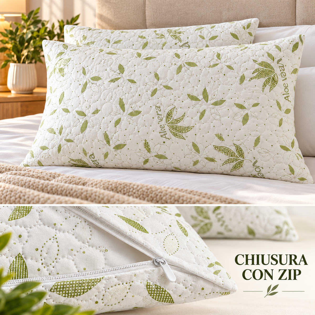 Coppia Federe Aloe Vera Trapuntate con Zip 50 × 80 cm – Set 2 Copriguanciali