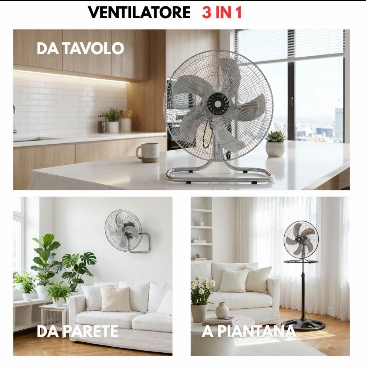 Ventilatore 3 in 1 A Piantana Parete e Tavolo con Pale in Acciaio Utilizzabile a Piantana Indipendente Muro e Parete Tavolo da Appoggio Flusso d'Aria Potente 3 Velocità Selezionabili Silenzioso