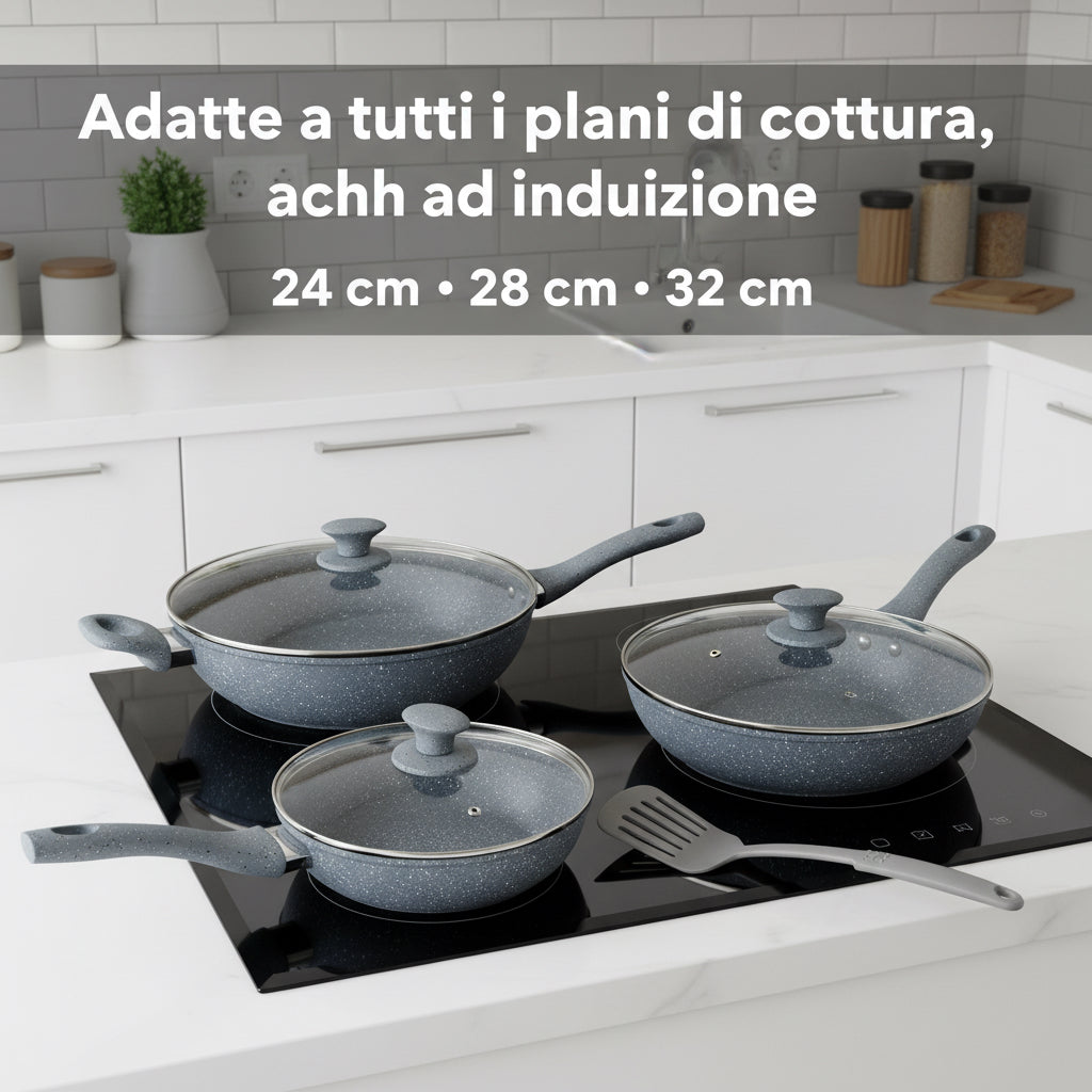Tris di Padelle Con Coperchi in Vetro Grigio (20) - (24) - (28) cm