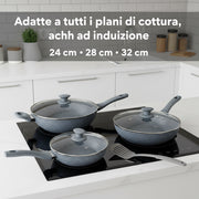 Tris di Padelle Con Coperchi in Vetro Grigio (20) - (24) - (28) cm