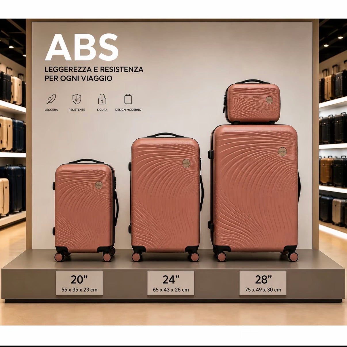 Set Completo Valigie Viaggio 4 Pezzi ABS Rigido con Beauty Case e Trolley Cabina