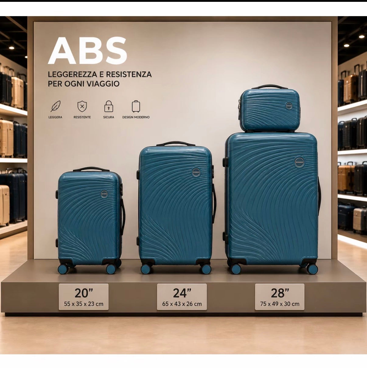 Set Completo Valigie Viaggio 4 Pezzi ABS Rigido con Beauty Case e Trolley Cabina
