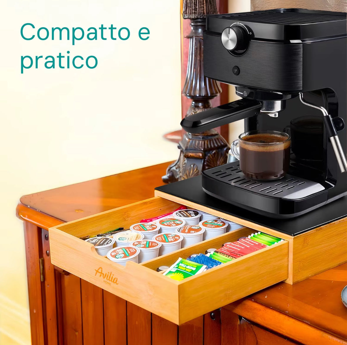Cassetto Porta Capsule Cialde In Bambù Con
Ripiano In Vetro