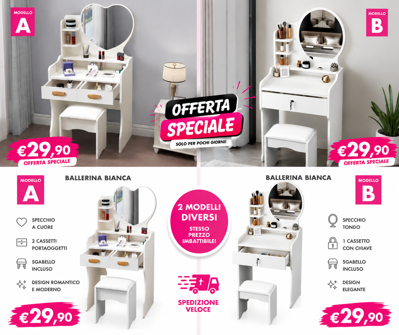 Toeletta Trucco con Specchio e Sgabello – 2 Modelli Disponibili