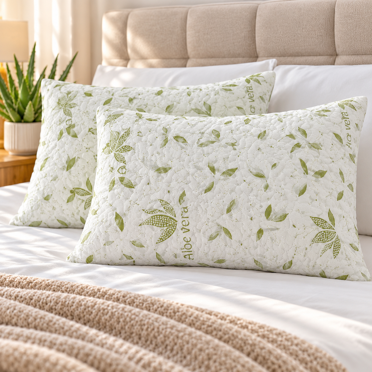 Coppia Federe Aloe Vera Trapuntate con Zip 50 × 80 cm – Set 2 Copriguanciali