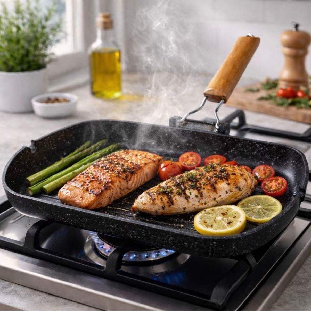 Bistecchiera Grill Effetto Barbecue Stone Antiaderente 28x28 cm con Manico in Legno